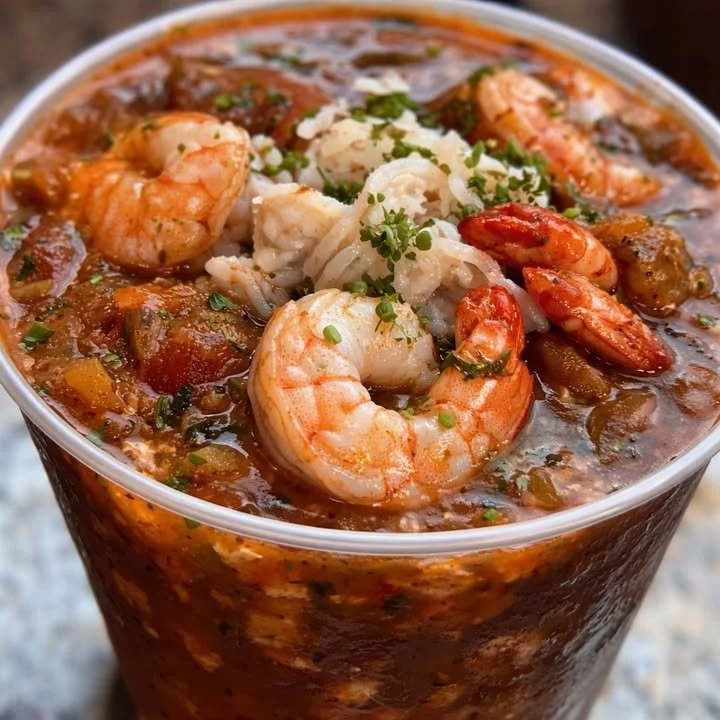 Bowl of Louisiana seafood gumbo with shrimp, sausage, and spices