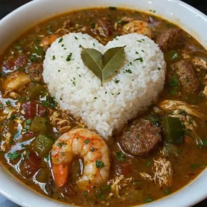 Delicious bowl of Louisiana seafood gumbo with sausage and spices.