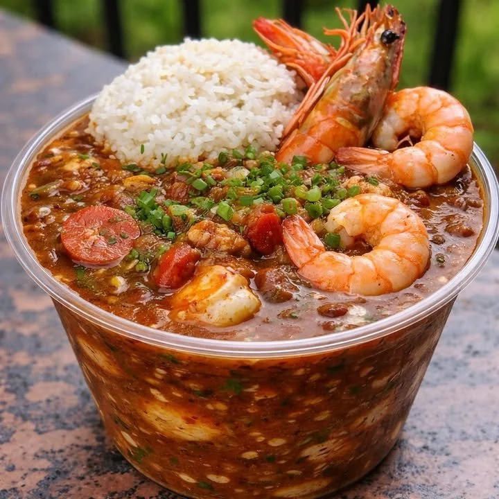 A bowl of Louisiana seafood gumbo with seafood and sausage, garnished with parsley.