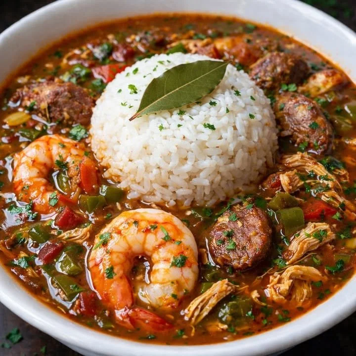 A bowl of Louisiana seafood and sausage gumbo with fresh ingredients