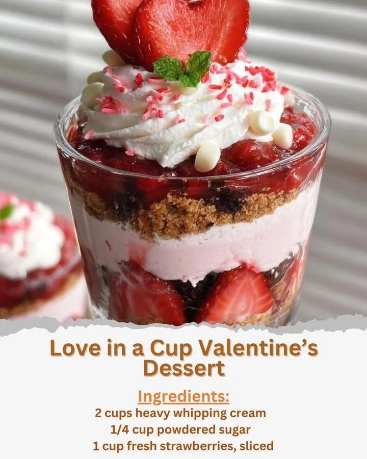 Delicious Love in a Cup Valentine's dessert topped with pink whipped cream and heart sprinkles.