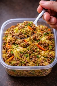 Bowl of low-carb crack slaw with colorful vegetables and ground meat