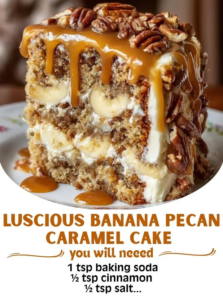 Luscious banana pecan caramel cake topped with creamy caramel and pecans