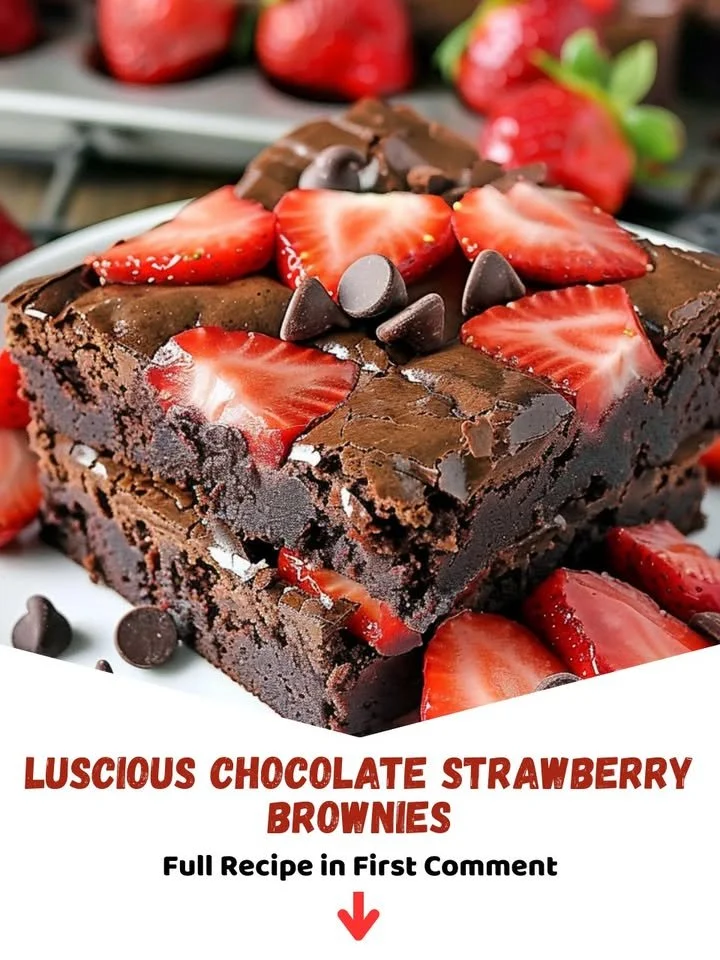 Delicious chocolate strawberry brownies on a plate, drizzled with chocolate sauce.