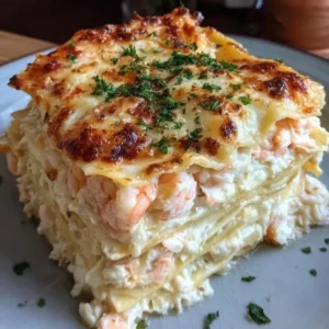 Luxurious shrimp crab lasagna served in a dish, showcasing layers of seafood and cheese.
