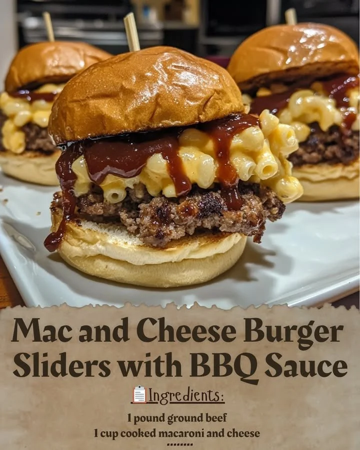Mac and Cheese Burger Sliders with BBQ Sauce served on a wooden platter