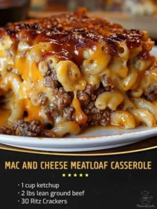 Delicious Mac and Cheese Meatloaf Casserole served in a baking dish