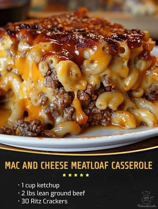 Delicious Mac and Cheese Meatloaf Casserole served in a baking dish