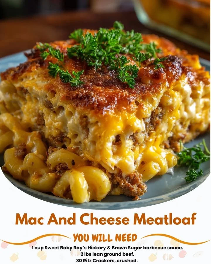 Baked Mac and Cheese Meatloaf Casserole topped with golden cheese and herbs.