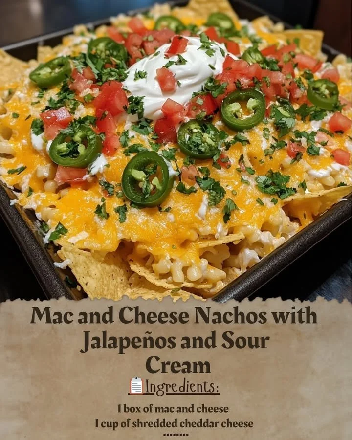Delicious Mac and Cheese Nachos topped with jalapeños and sour cream