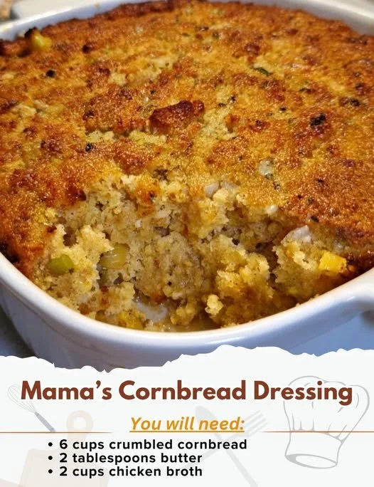 Delicious homemade Mama's cornbread dressing served in a dish