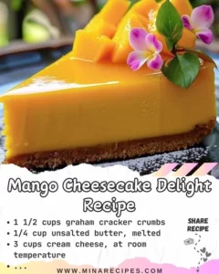 Mango Cheesecake Delight served on a white plate topped with fresh mango slices.