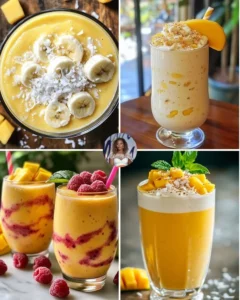 Mango Coconut Protein Smoothie in a glass with fresh fruit garnish