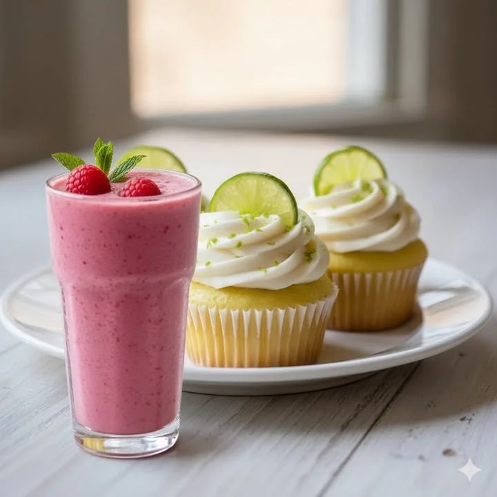 Mango Key Lime Cupcakes topped with zesty cream and fresh mango slices