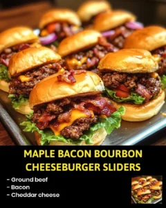 Maple Bacon Bourbon Cheeseburger Sliders served on a platter