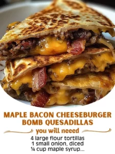 Maple bacon cheeseburger quesadillas filled with cheese, bacon, and beef.