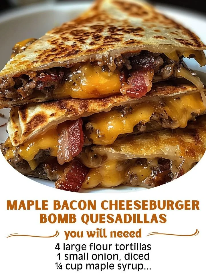 Maple bacon cheeseburger quesadillas filled with cheese, bacon, and beef.