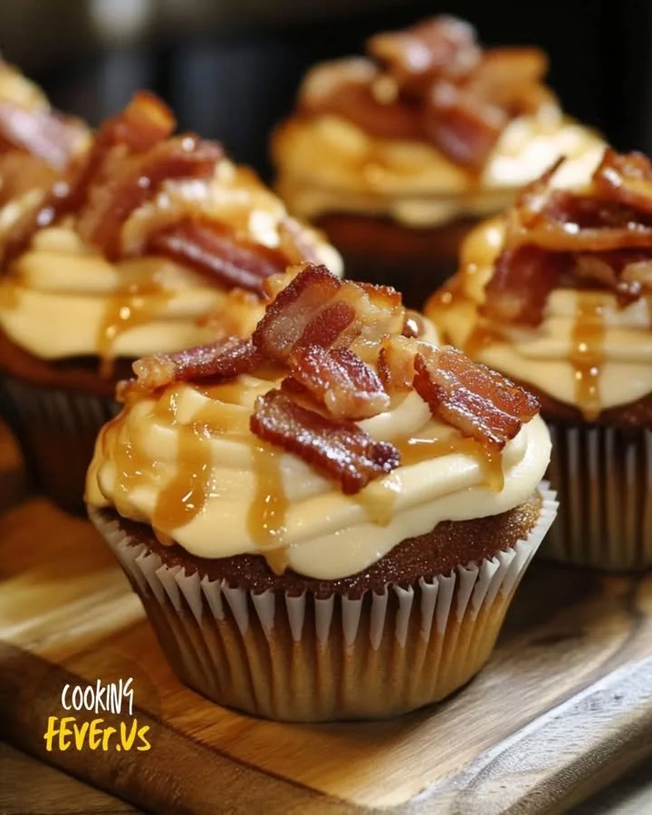 Delicious maple bacon cupcakes topped with crispy bacon and maple frosting