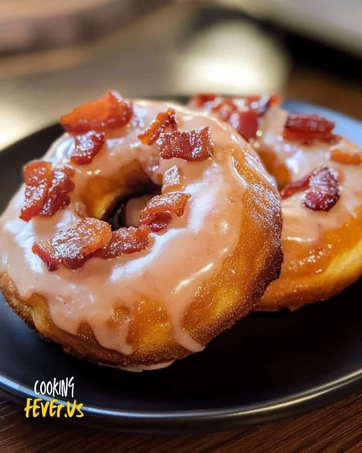 Delicious Maple Bacon Donuts topped with crispy bacon and maple glaze