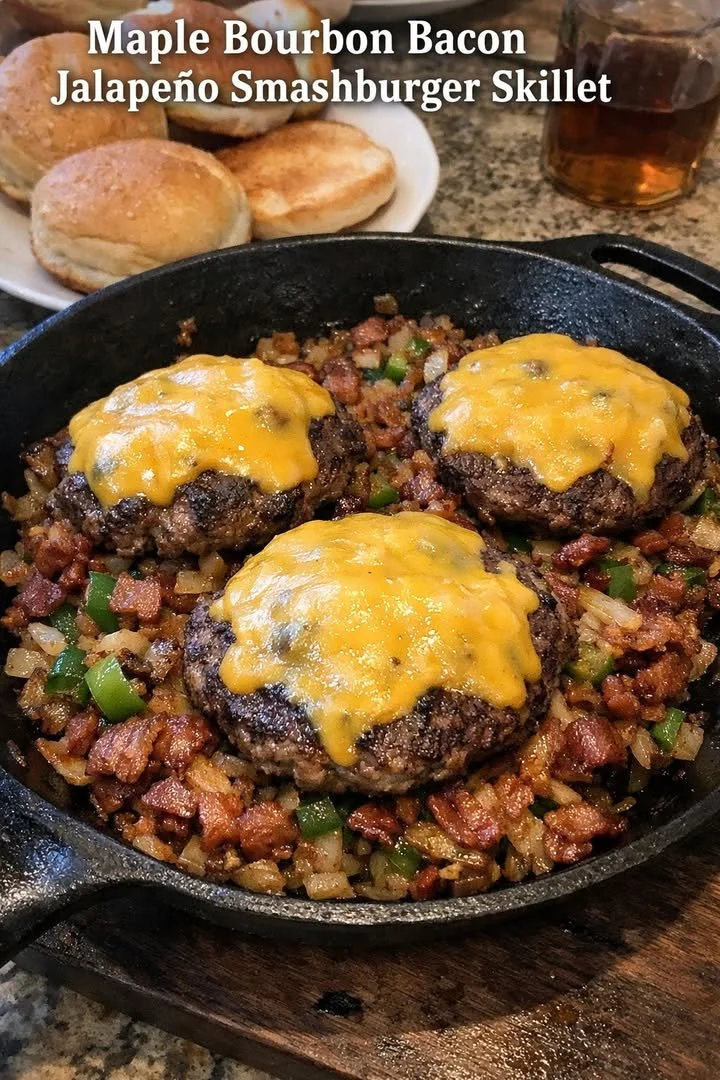 Maple Bourbon Bacon Jalapeño Smashburger Skillet on a plate