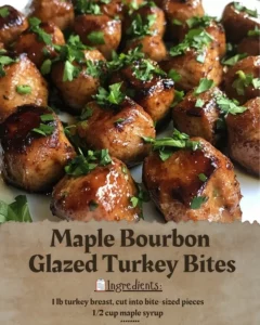 Delicious maple bourbon glazed turkey bites served as an appetizer.