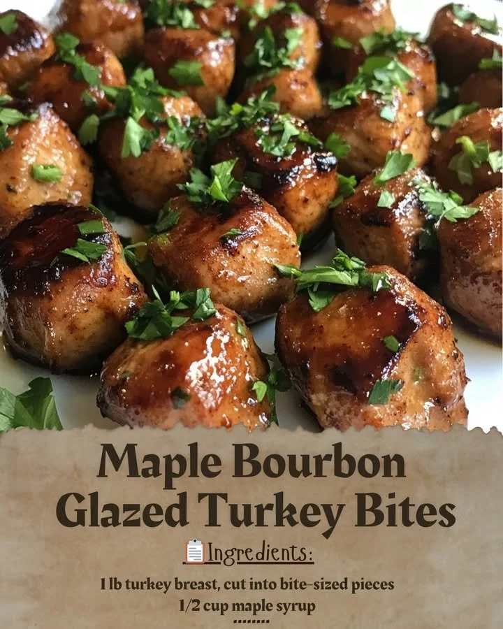 Delicious maple bourbon glazed turkey bites served as an appetizer.