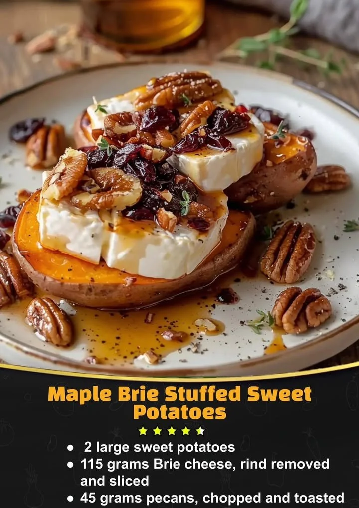 Maple Brie Stuffed Sweet Potatoes topped with melted brie and drizzled with maple syrup