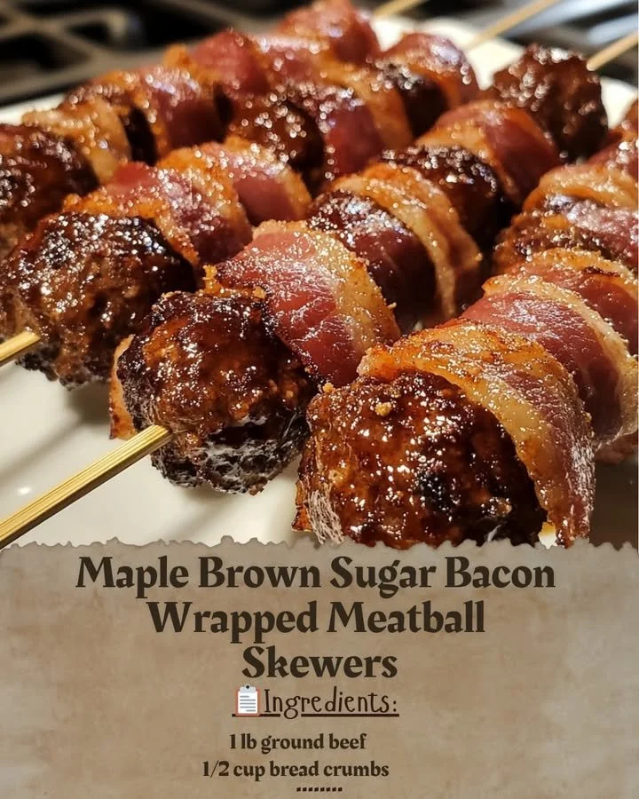 Maple Brown Sugar Bacon Wrapped Meatball Skewers on a platter