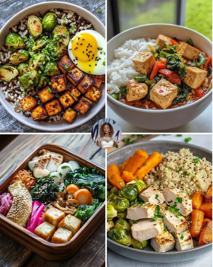 Maple Dijon Glazed Tofu served in a wild rice bowl with fresh vegetables