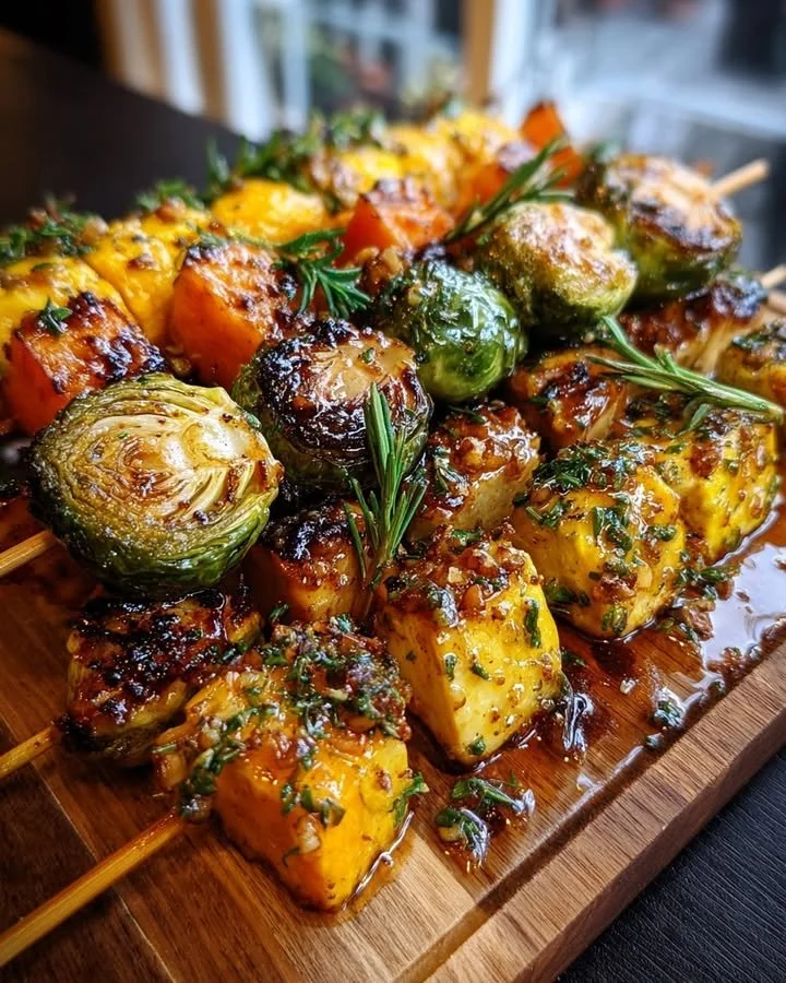 Maple glazed Brussels sprouts and sweet potato skewers with walnut honey drizzle