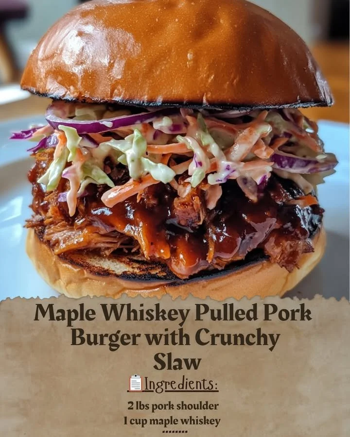 Maple Whiskey Pulled Pork Burger with crunchy slaw on a wooden platter