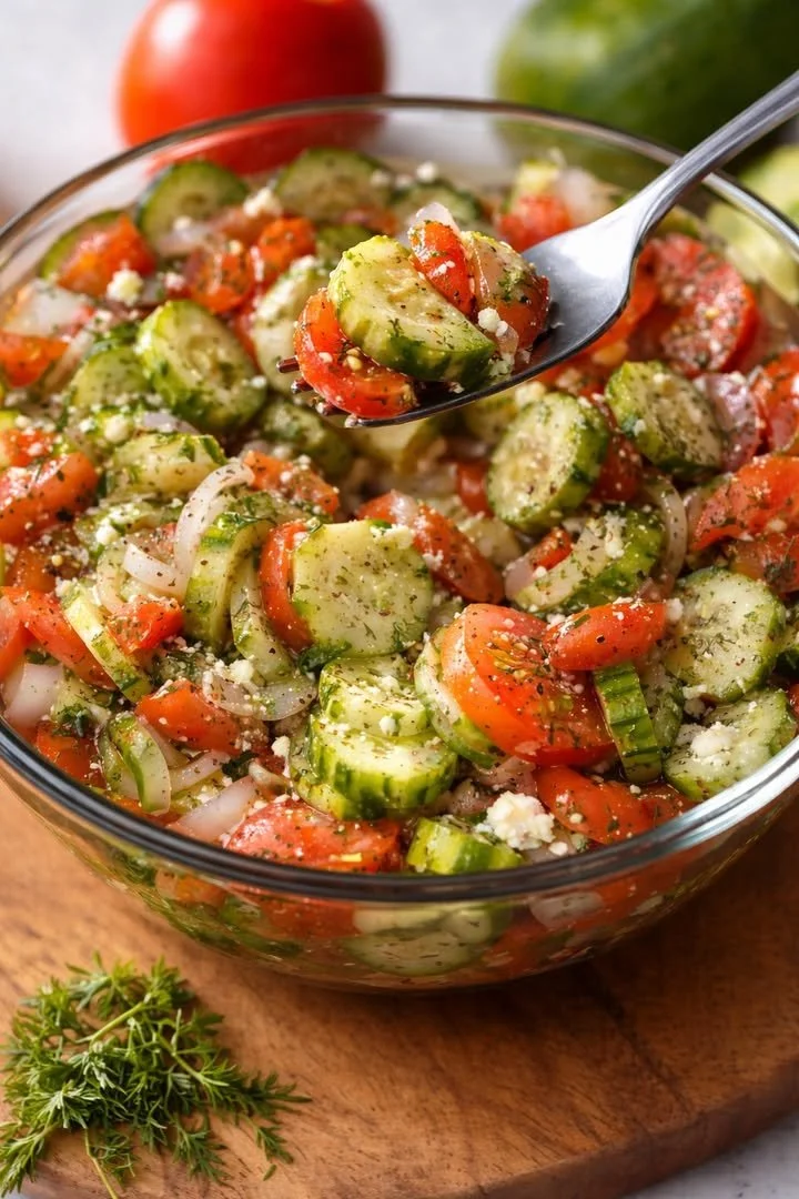 Marinated cucumber salad with onions and tomatoes in a bowl