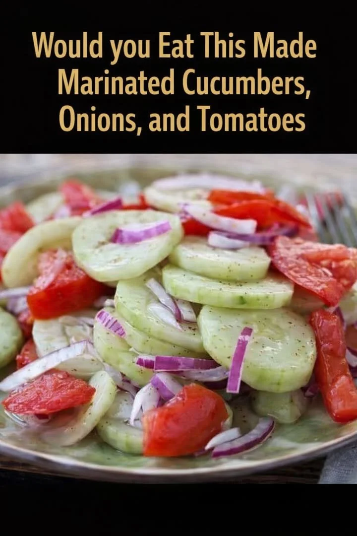 Fresh marinated cucumbers, onions, and tomatoes in a bowl.
