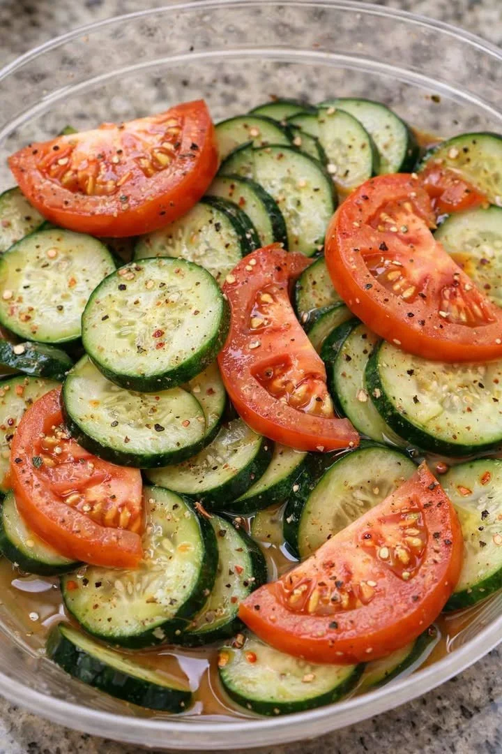 Marinated cucumbers, onions, and tomatoes salad in a bowl
