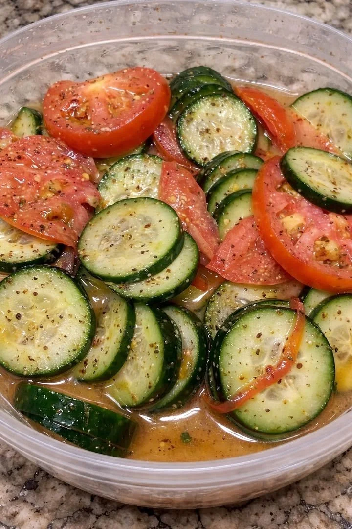 Delicious marinated cucumbers, onions, and tomatoes in a vibrant bowl