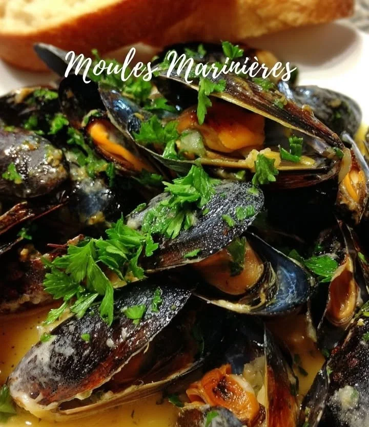 Delicious Marinere Mussels served on a plate with herbs and lemon wedges.
