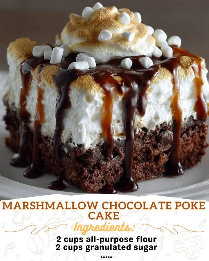 Delicious Marshmallow Chocolate Poke Cake ready to serve