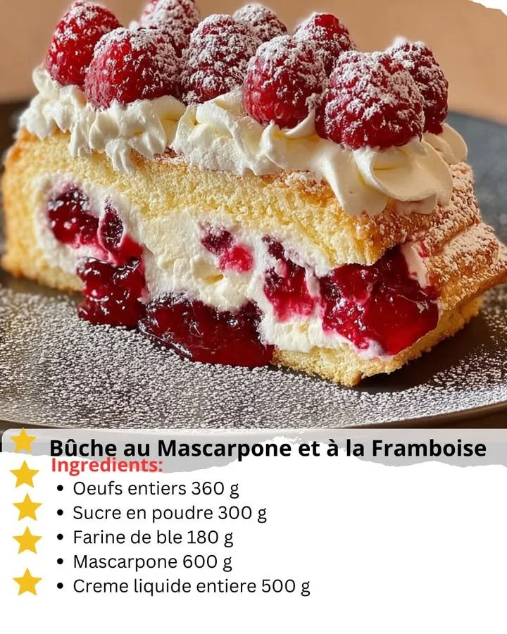 A beautifully plated Mascarpone and Raspberry Yule Log dessert with festive decorations.