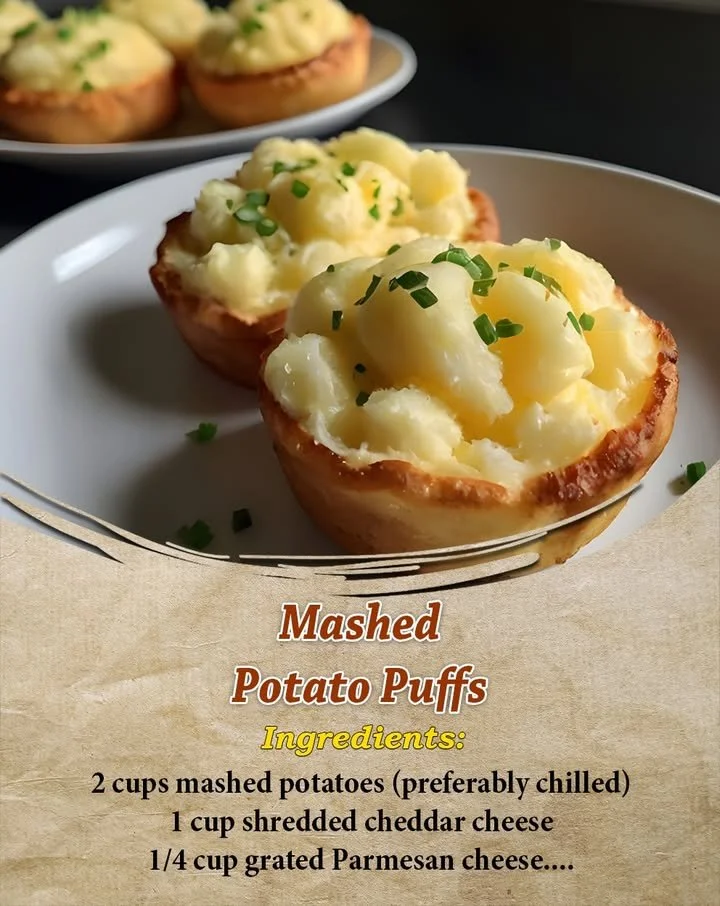 Crispy golden mashed potato puffs served on a plate as an appetizer.
