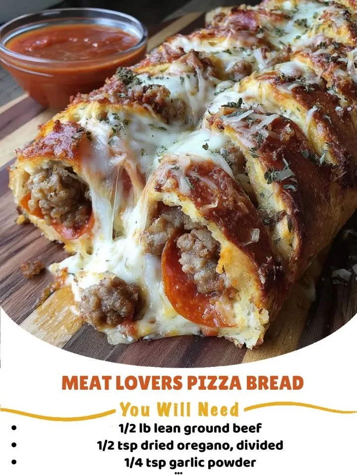 Delicious Meat Lovers Pizza Bread topped with various meats and cheese.