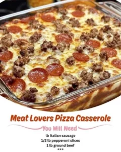 Delicious Meat Lovers Pizza Casserole topped with meats and cheese.