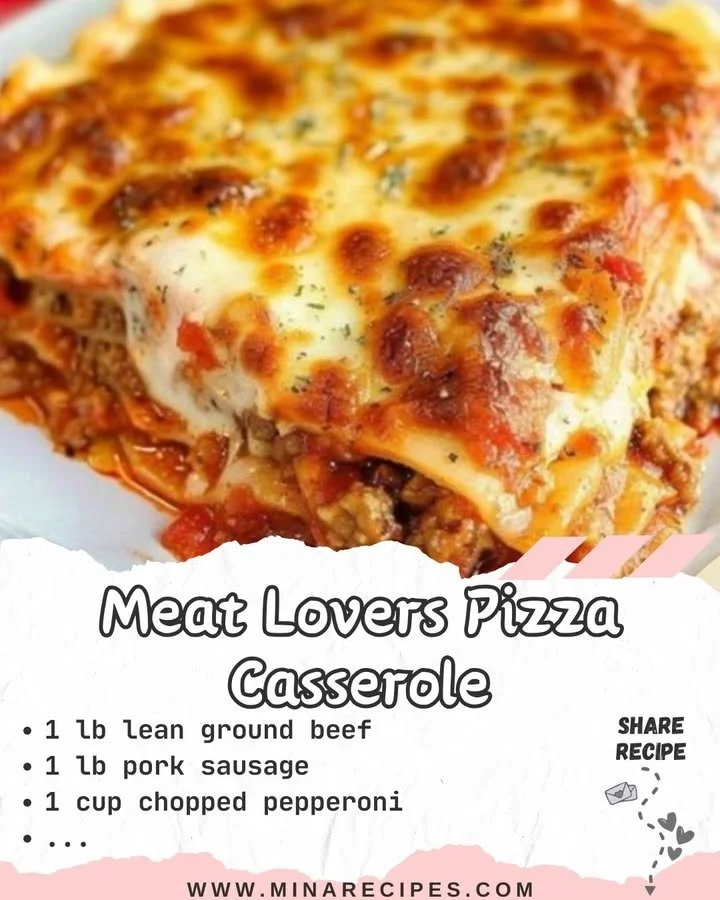 Delicious Meat Lovers Pizza Casserole topped with savory meats and cheese