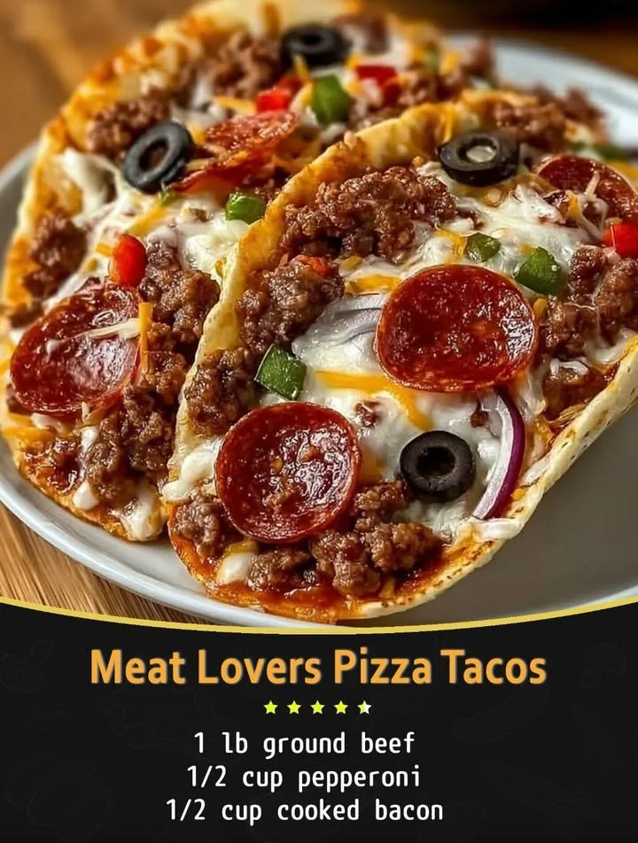 Delicious Meat Lovers Pizza Tacos topped with various meats and cheese