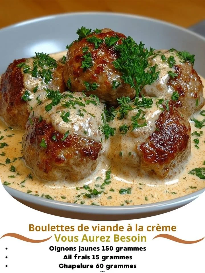 Delicious meatballs in cream sauce served with fresh herbs
