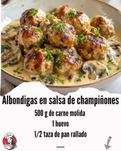 Hearty meatballs in a creamy mushroom sauce served in a bowl.