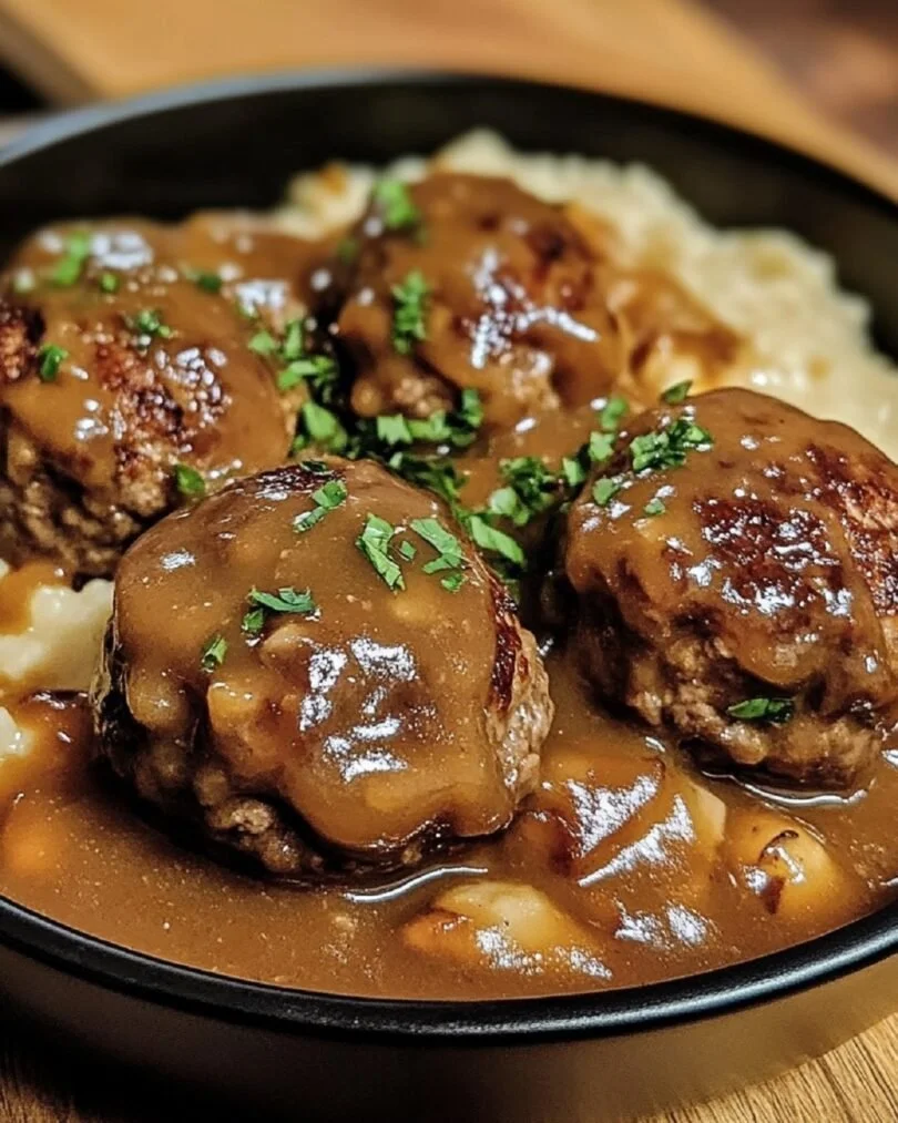 Juicy meatballs served with creamy mushroom gravy over pasta