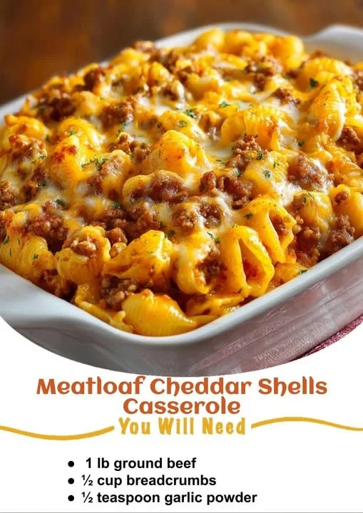 Delicious Meatloaf Cheddar Shells Casserole baked to perfection