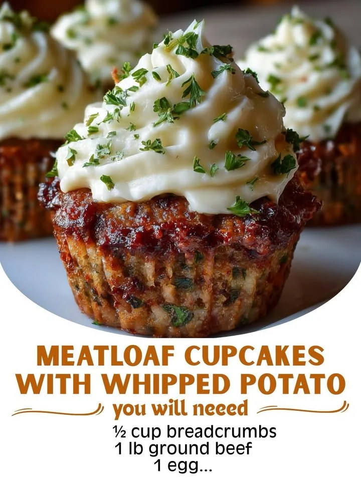 Meatloaf cupcakes with whipped potato topping on a white plate