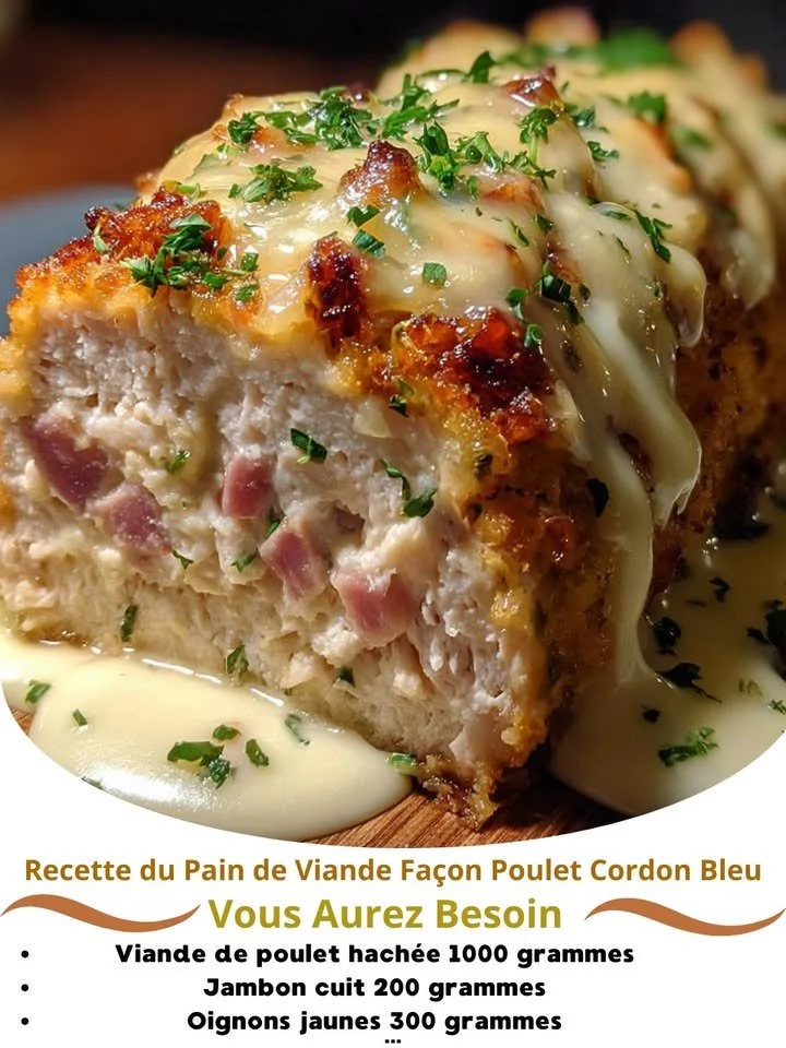 Meatloaf in the style of Chicken Cordon Bleu with melted cheese and ham