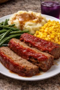 Homemade Meatloaf served with Mashed Potatoes, Corn, and Green Beans.